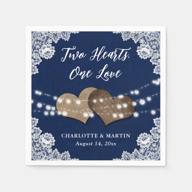 Guardanapo De Papel Burlap Hearts Lace Rustic Marinho Blue Wedding (Frente)