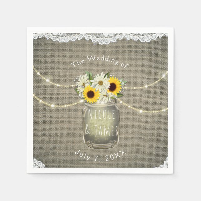 Guardanapo De Papel Burlap Lace Sunflower & Daisies Mason Jar Rustic (Frente)