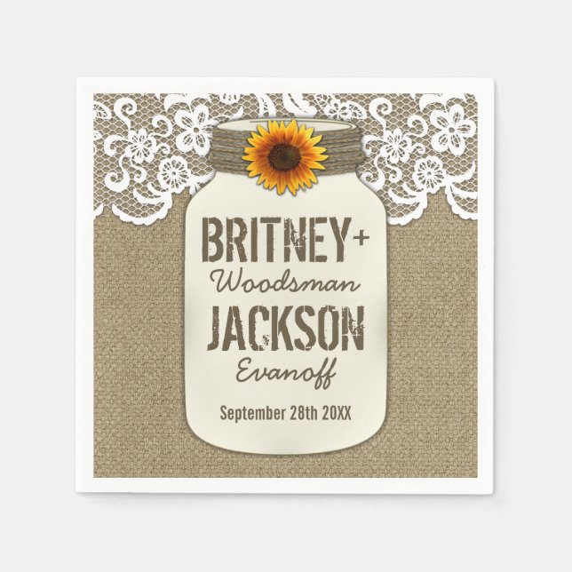 Guardanapo De Papel Burlap Lace Sunflower Mason Jar Wedkins (Frente)