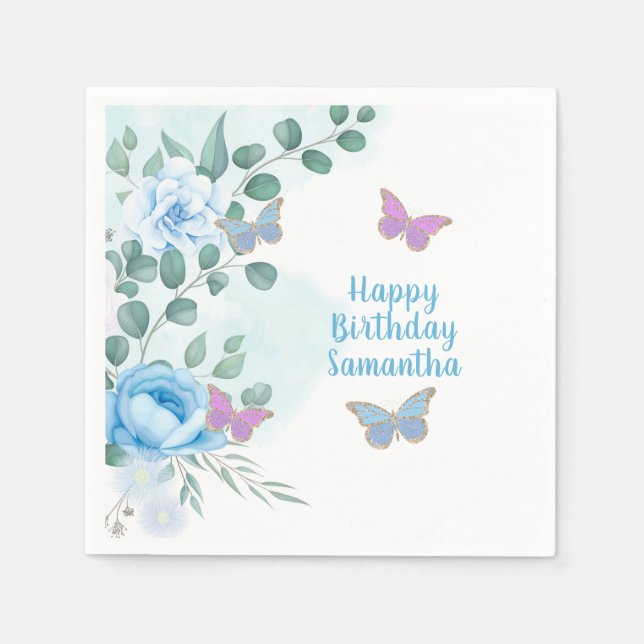 Guardanapo De Papel  Butterflies Floral Blue Purple Gold Birthday  (Frente)