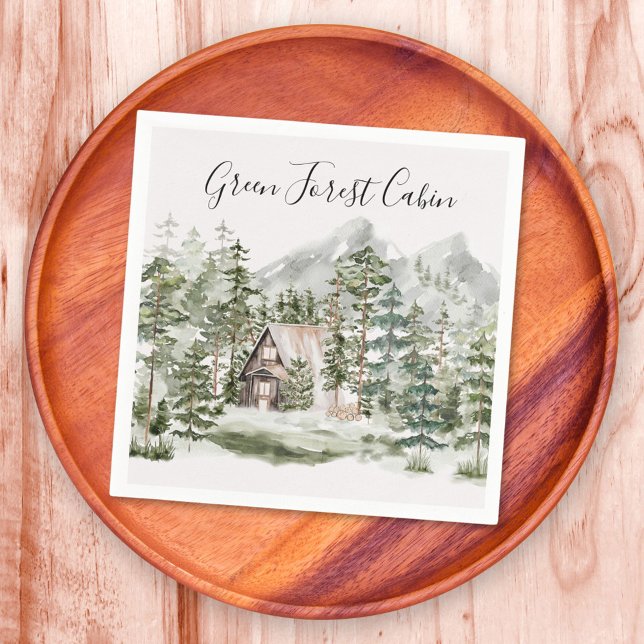 Guardanapo De Papel Cabina de Aquarela na Floresta de Pinheiros Verdes (In situ)