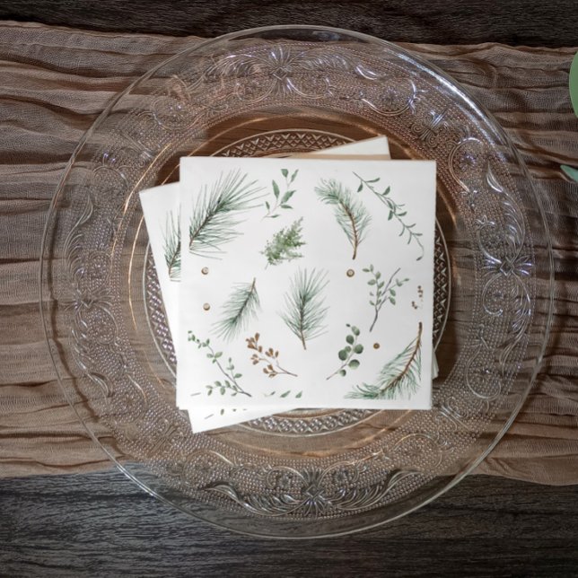Guardanapo De Papel Cabina de árvores de pinheiros verdes e natais (Elegant modern simple Christmas party napkins or business holiday party napkins with evergreen sprig)