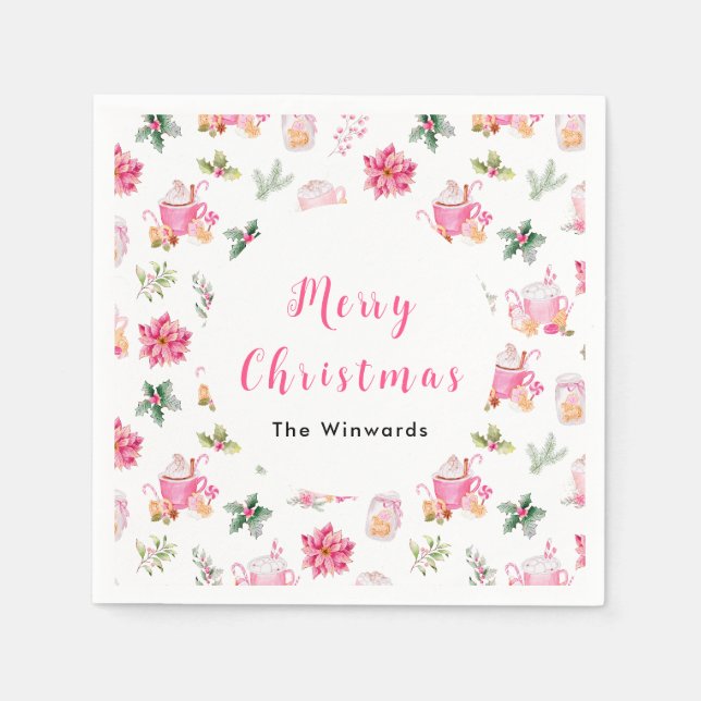 Guardanapo De Papel Cacau Quente de Natal e Poinsettias Rosa (Frente)