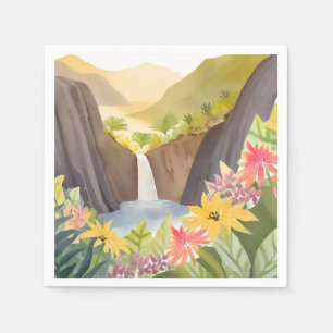 Guardanapo De Papel Cachoeira Tropical   Paisagem Floral em Aquarela