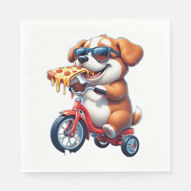 Guardanapo De Papel cachorrinho andando de bicicleta comendo pizza (Frente)