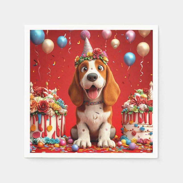 Guardanapo De Papel Cachorro Beagle Adorável Comemora Aniversário (Frente)