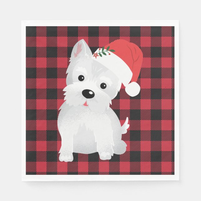 Guardanapo De Papel Cachorro de West Highland com Xadrez de Santa Hat  (Frente)