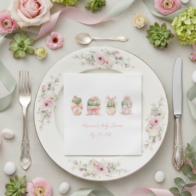 Guardanapo De Papel Cactus Pink Ribbon Baby Girl Chá Napkins (Criador carregado)