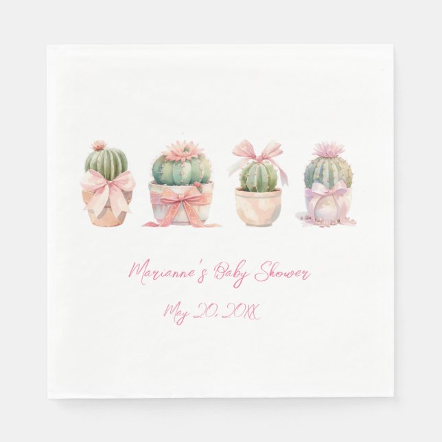 Guardanapo De Papel Cactus Pink Ribbon Baby Girl Chá Napkins (Frente)