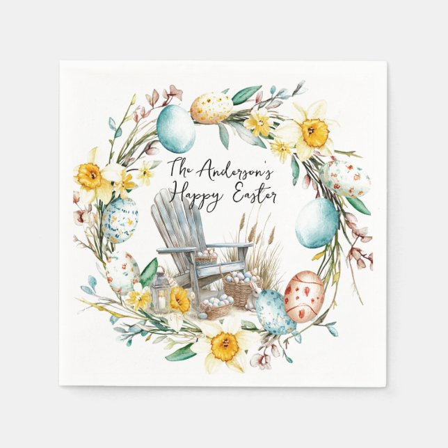 Guardanapo De Papel Cadeiras de madeira e ovos de Páscoa e Páscoa flor (Frente)