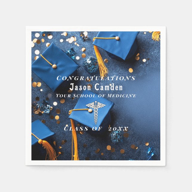 Guardanapo De Papel Caduceu Elegante Ouro Branco Azul Marinho Graduaçã (Frente)