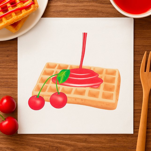 Guardanapo De Papel Café da Manhã de Waffle de Cereja com Xarope (Criador carregado)