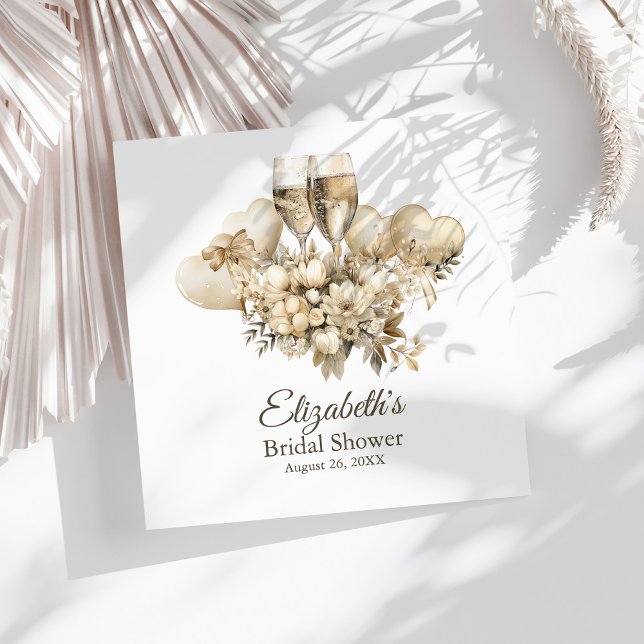 Guardanapo De Papel Café da Manhã e Champagne com Flores de Champagne  (Brunch and Bubbly Champagne Flowers Bridal Shower Napkins on a sunny white table.)