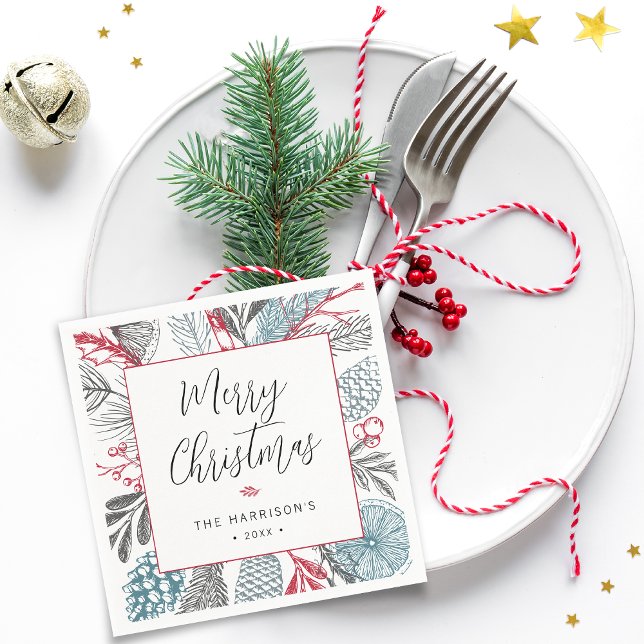 Guardanapo De Papel Caligrafia Letreiro Feliz Natal Folhagem (Calligraphy Lettering Merry Christmas Greenery Napkins)