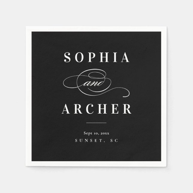 Guardanapo De Papel Caligrafia romântica Casamento Negro e Branco (Frente)