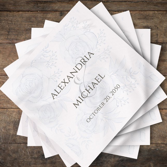 Guardanapo De Papel Caligrafia Simples Azul De Casamento Elegante (Elegant blue floral wedding napkin with a calligraphy script ampersand.)