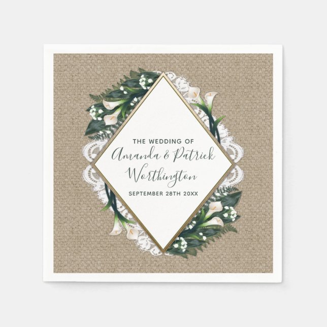 Guardanapo De Papel Calla Lily Country Burlap e Lace Wedkins (Frente)
