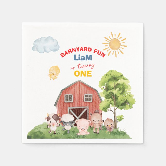Guardanapo De Papel Calling All Party Farm Animals 1st Birthday (Frente)