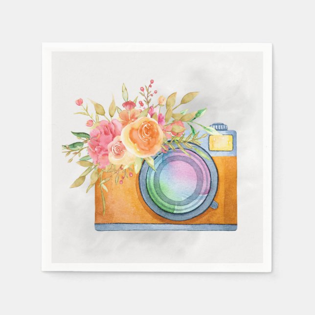 Guardanapo De Papel Câmera Laranja Boho e Buquê Floral Aquarela (Frente)