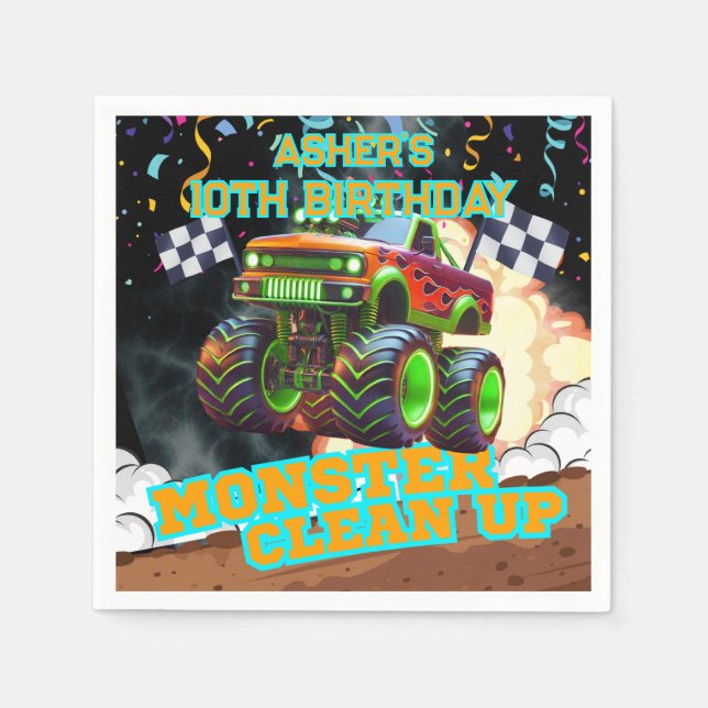 Guardanapo De Papel Caminhão do Monstro Laranja e Verde | Aniversário  (Frente)
