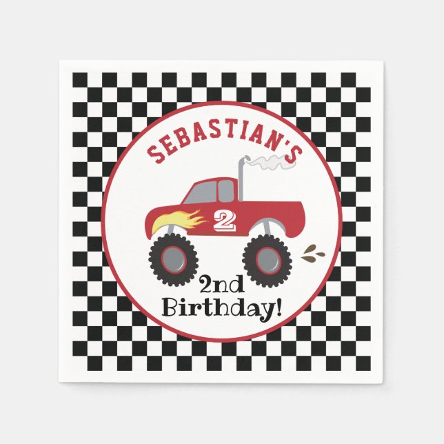 Guardanapo De Papel Caminhão Vermelho Monstro Caminhão Corrida de Aniv (Frente)