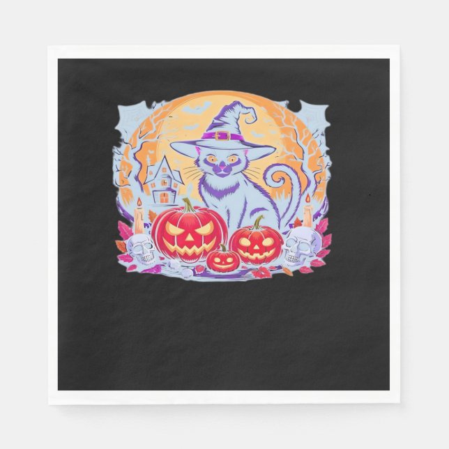 Guardanapo De Papel Camiseta Clássica Ghost Pumpkin Gato do Halloween (Frente)