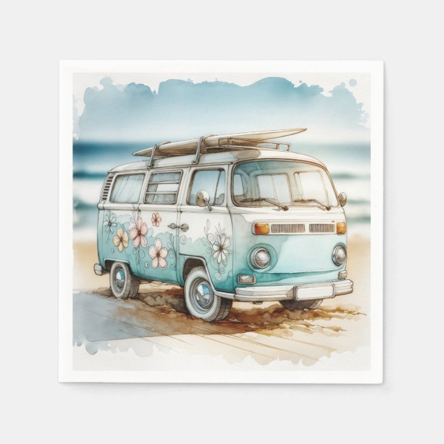 Guardanapo De Papel Campervan Retro Aquarela Com Surfboard (Frente)
