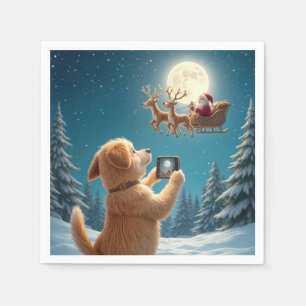 Guardanapo De Papel Cão Fotografando Papai Noel Em Sleigh