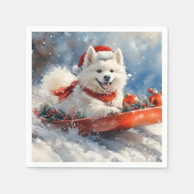 Guardanapo De Papel Cão Samoyed no Trenó Deixe Nevar Natal (Frente)