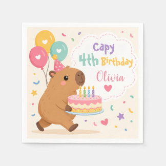 Guardanapo De Papel Capivara Fofa Capy 4º Aniversário Menina Bolo Rosa