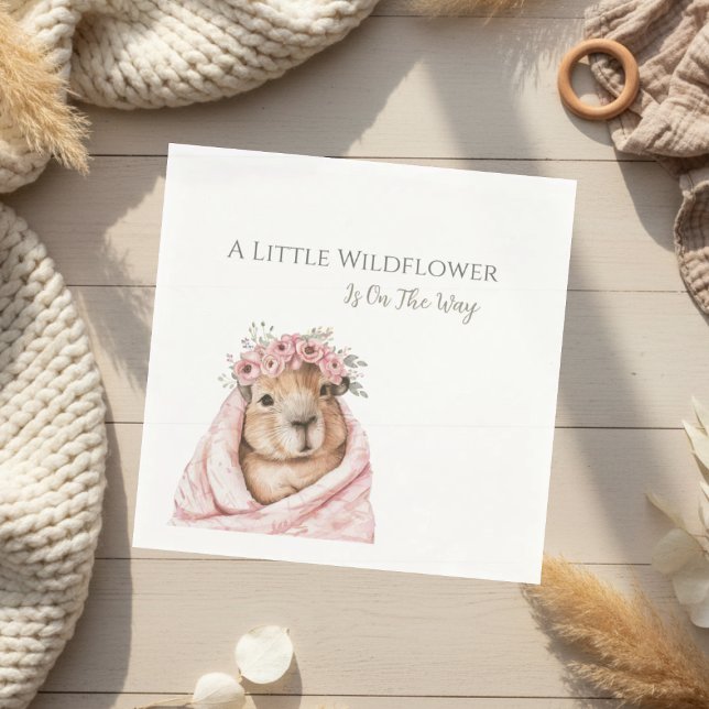 Guardanapo De Papel Capybara Baby Shower • Wildflower Napkin (soft boho napkin with capybara wildflower illustration on light neutral background)