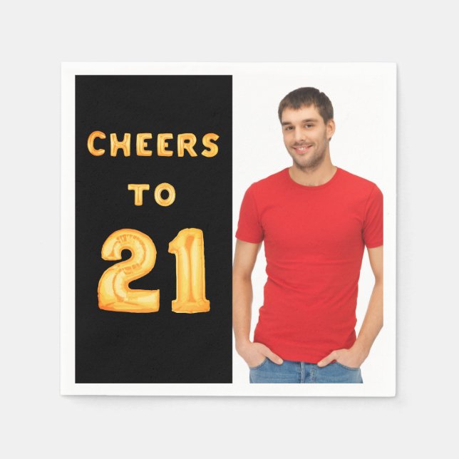 Guardanapo De Papel cara de fotos em ouro preto aniversário de 21 anos (Frente)