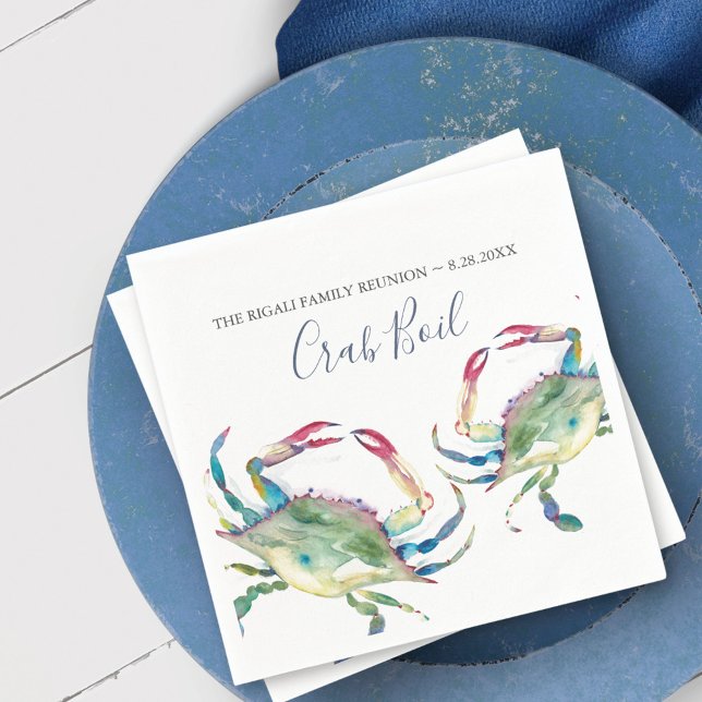 Guardanapo De Papel Caranguejo Azul Coasterente Personalizado (Crab napkins for a low country boil feature watercolor blue crab art by Victoria Grigaliunas)