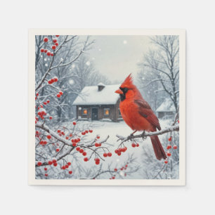 Guardanapo De Papel Cardeal Vermelho De Inverno No Berry Branch