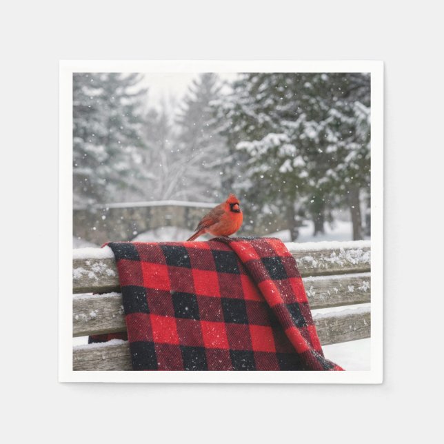 Guardanapo De Papel Cardinal On a Snowy Plaid Blanket (Frente)