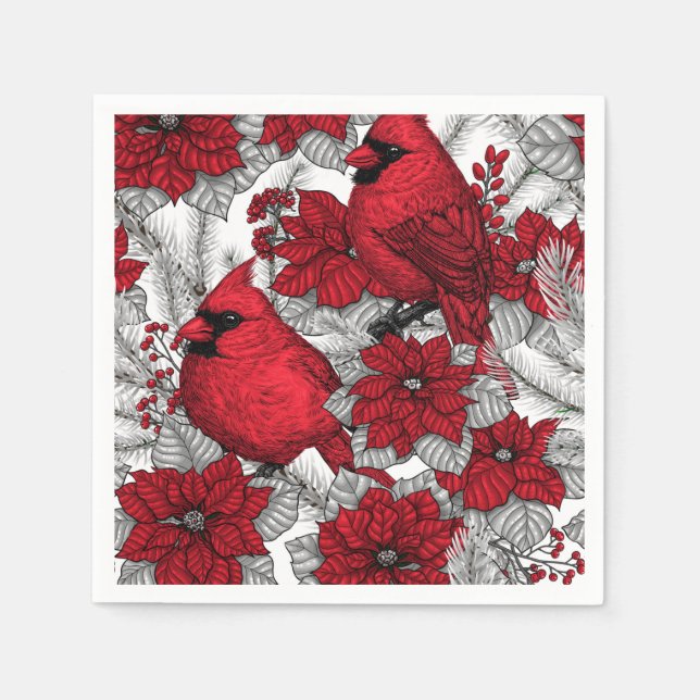 Guardanapo De Papel Cardinhas e poinsetos em vermelho e branco (Frente)