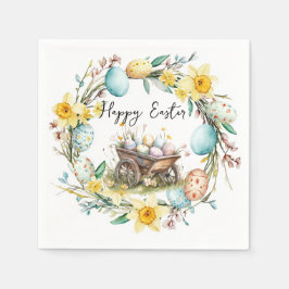 Guardanapo De Papel Carrinho de madeira com ovos decorativos Páscoa fl