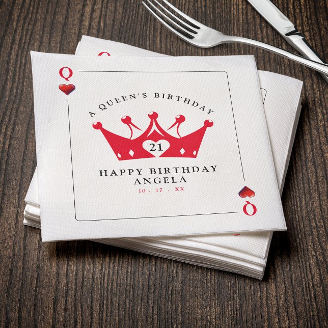 Guardanapo De Papel Cartão de Poker do Casino da Rainha aniversário de (21st Birthday Queen of Hearts Casino Poker Card Napkins
)