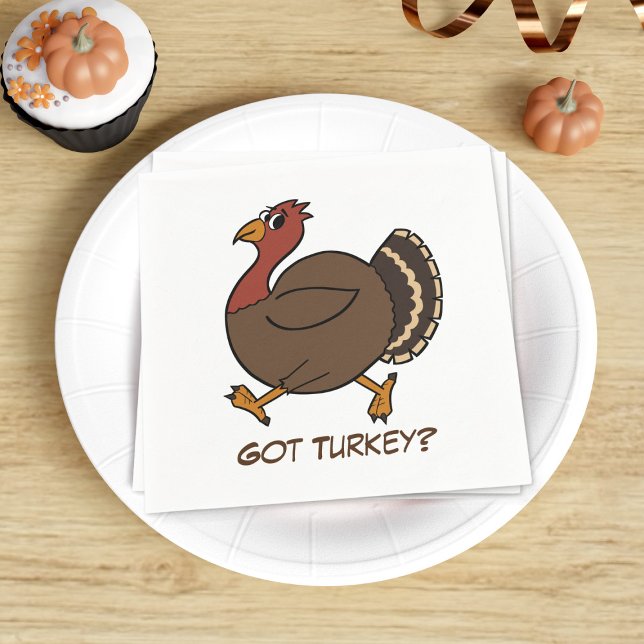 Guardanapo De Papel Cartoon Ação de Graças à Turquia Papel Napkins (Got Turkey? A funny cartoon thanksgiving turkey trotting along this white paper napkin)