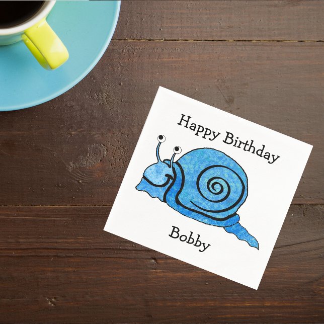 Guardanapo De Papel Cartoon Azul Divertido Cartoon Aniversário Sorrind (Smiling cute cartoon blue snail on white Happy Birthday napkins.)