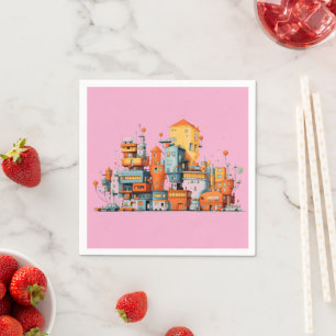 Guardanapo De Papel Cartoon City Pink Napkins - Animação Colorida