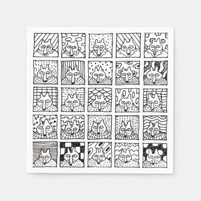 Guardanapo De Papel Cartoon Foxes Faces Squares Drawing (Frente)