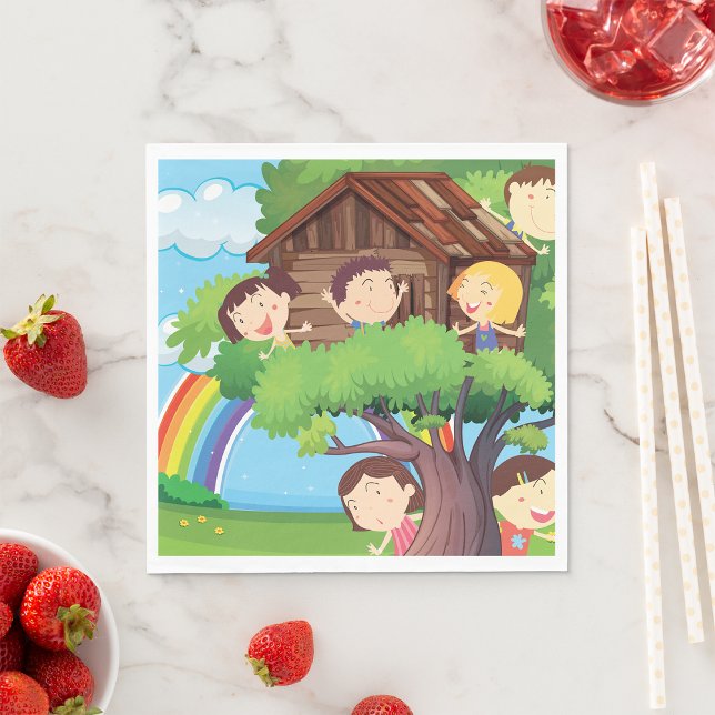 Guardanapo De Papel Casa de árvore infantil com arco-íris e crianças f (Criador carregado)
