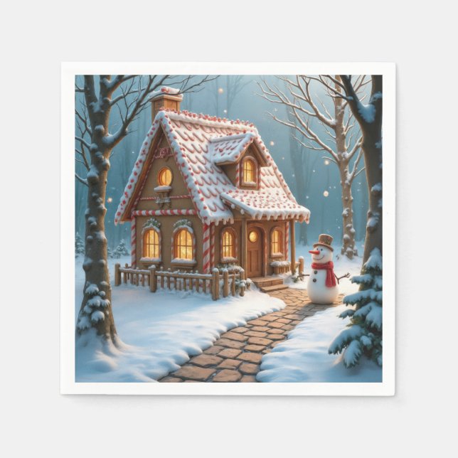 Guardanapo De Papel Casa de Biscoito de Natal com um Boneco de Neve  (Frente)