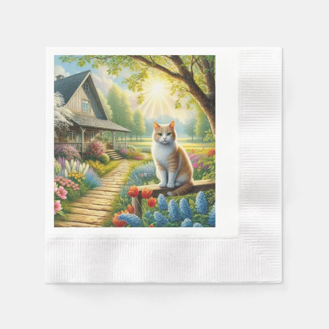 Guardanapo De Papel Casa de primavera/jardim & gato (Frente)
