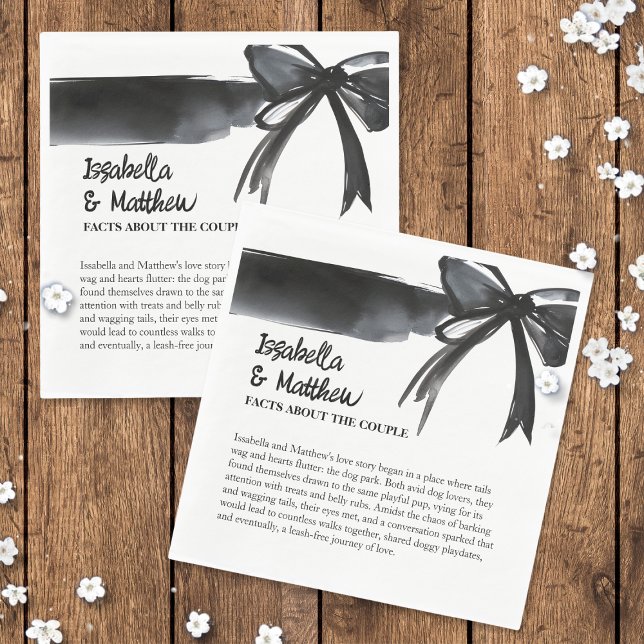 Guardanapo De Papel Casal de Casamento Fatos da Tendência Arco Preto e ( Wedding Couple Facts Trendy  Watercolor Bow Black and White  Napkins with elegant simple poem text)