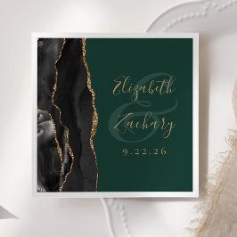 Guardanapo De Papel Casamento Ágata Script Preto Dourado Esmeralda Ver