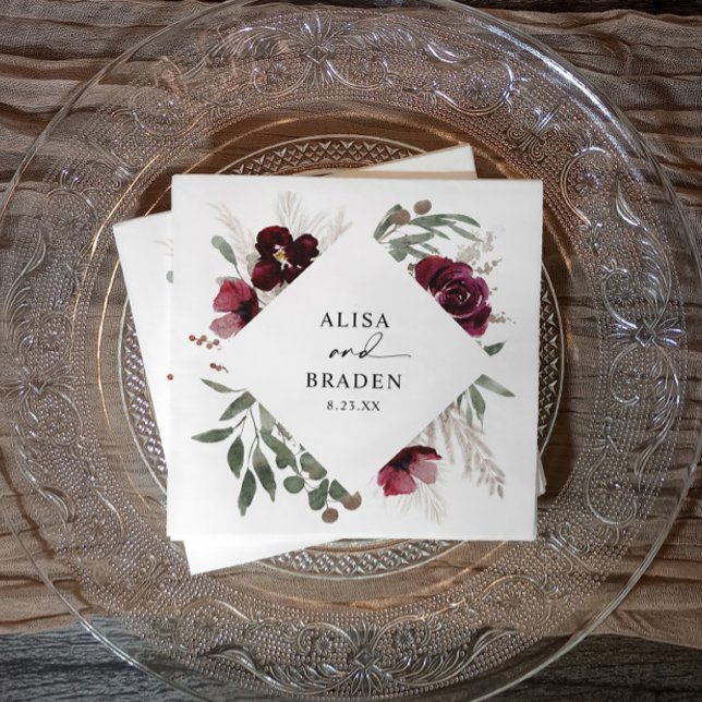 Guardanapo De Papel Casamento Aquarela Boho Rosas das Pampas (Boho burgundy & pampas grass watercolor wedding napkins.)