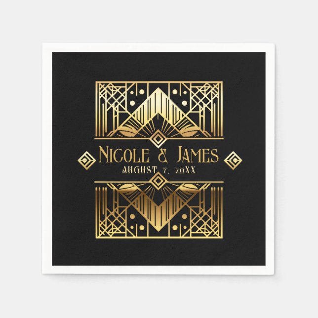 Guardanapo De Papel Casamento Art Déco Preto e Dourado (Frente)