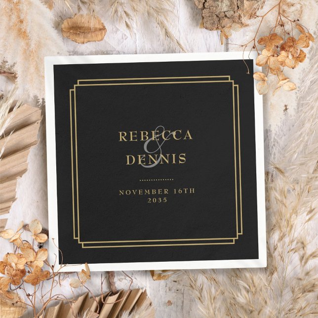 Guardanapo De Papel Casamento Art Déco Preto e Dourado (Black And Gold Art Deco Wedding Napkins)